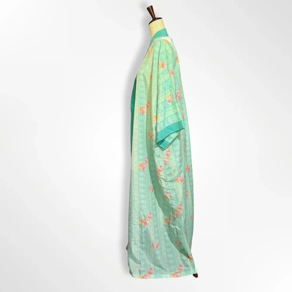 Contessa di Roma Vintage 80s 90s Turquoise Pink Floral Ling Satin Robe, XXL